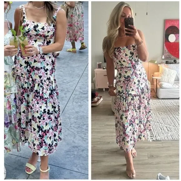 Aidan AIDAN MATTOX Floral Print Square Neck Satin Sleeveless Midi Dress Size 12